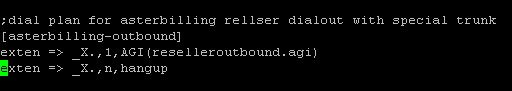 asterbilling-0.12 使用reselleroutbound.agi 可以让不同的代理使用指定的中继进行外呼,并且新增支持为代理商指定一个备用中继 使用方法如下： a) 添加一个dialplan来执行reselleroutbound.agi, 在astercc软件包中的scripts目录提供了一个extensions_astercc.conf文件，其中[asterbilling- outbound] 是用于执行reselleroutbound.agi的context,，如果你是通过install.sh安装astercc的，该文件会被复制到你的 asterisk etc目录下，并在extensions.conf 增加一行“#include extensions_astercc.conf”，此时你可以直接使用extensions_astercc.conf中的context，当然如果你 使用的是asterCC-Box， 情况也是一样的。如果不是以上两种情况安装的astercc，你就需要手动复制extensions_astercc.conf 到你的asterisk etc目录(一般会是/etc/asterisk 你知道的)，并在extensions.conf中包含它们(#include extensions_astercc.conf，如果是基于freepbx的系统请将这句加到extensions_custom.conf中) b)设置代理商中继 reseller_trunk1 中继1为首先中继，中继2为备用中继，如果通过中继1拨号失败，则尝试使用中继2呼出 设置中继时有自动，默认，自定义 三种类型可选： 自动：reselleroutbound.agi 不做任何处理，直接进入context下面的流程 默认：是使用asterbilling.conf.php 中[resellertrunk] 部分设置的系统默认中继，此处可设置两个系统默认中继，如： [resellertrunk]...